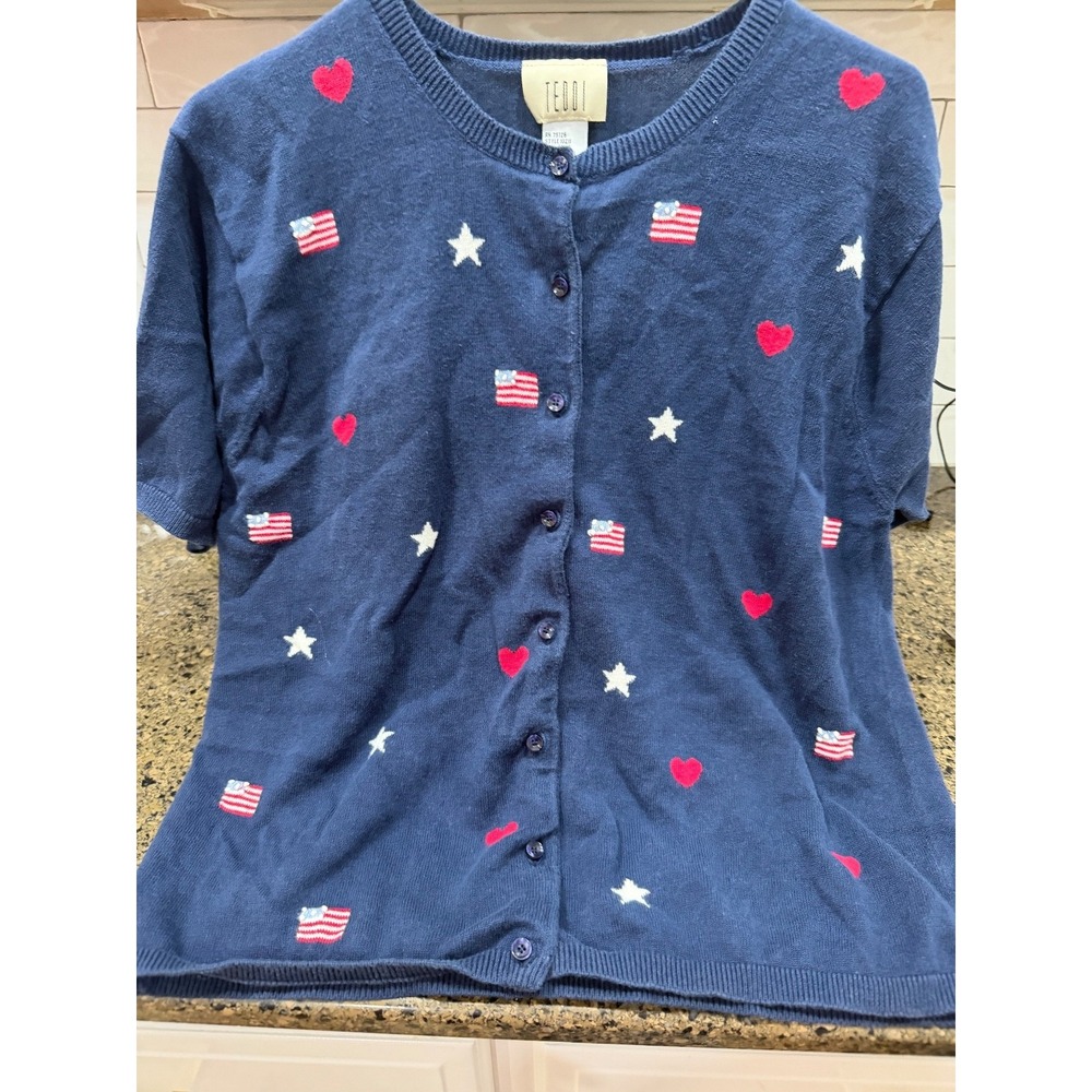 teddi blue stars and stripes short sleeve button up sweater large